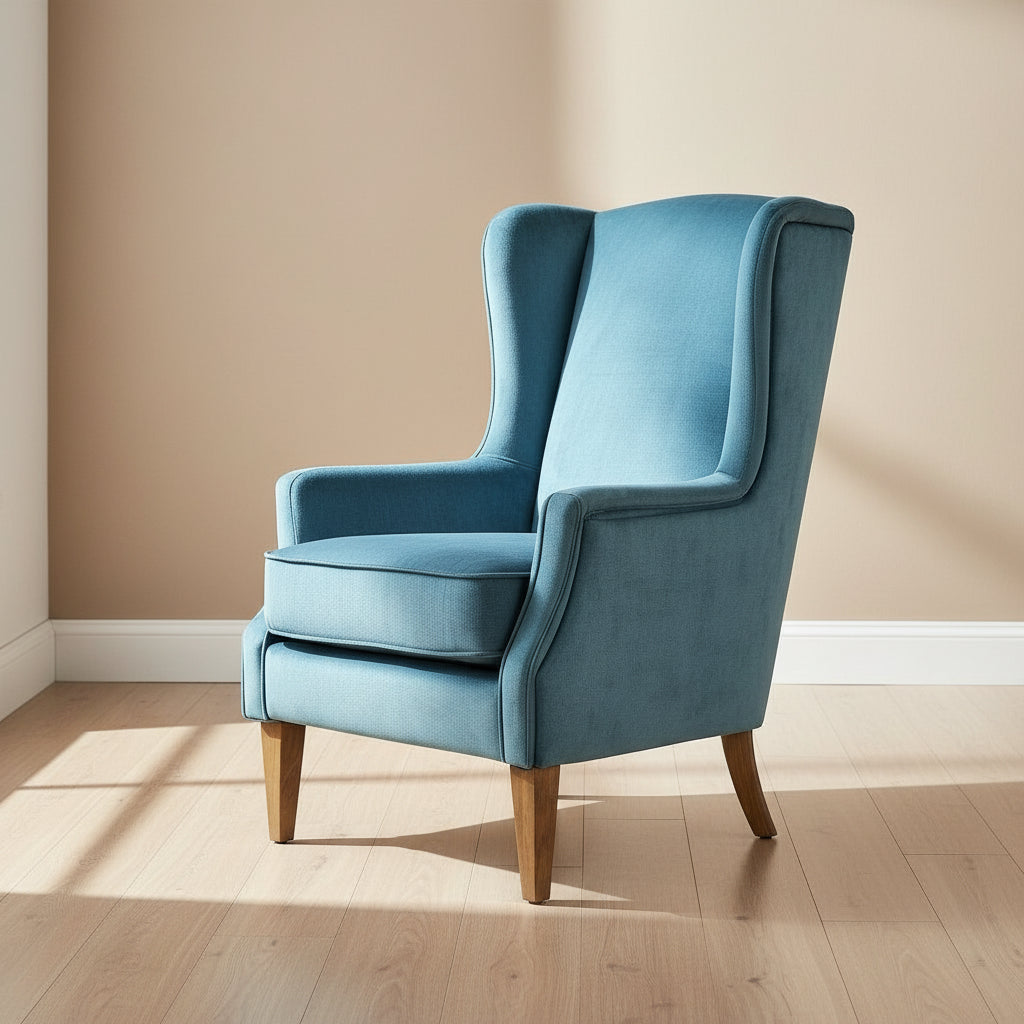 Teal velvet wingback chair with solid wood legs - view 2 - EloraMode