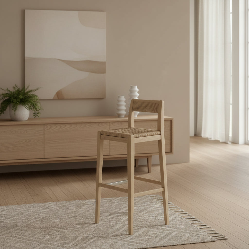 Ash wood bar stool with seagrass seat - view 2 - EloraMode