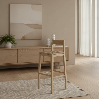 Ash wood bar stool with seagrass seat - view 2 - EloraMode