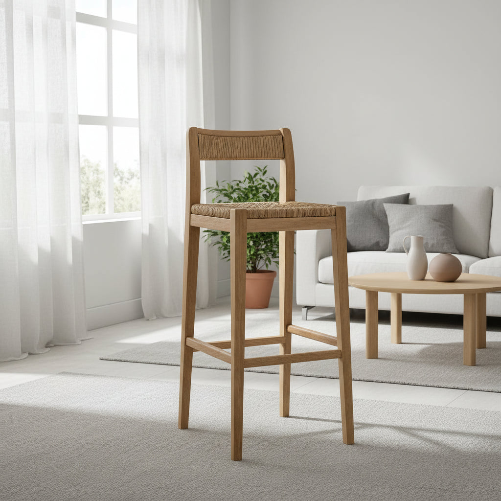 Ash wood bar stool with seagrass seat - EloraMode