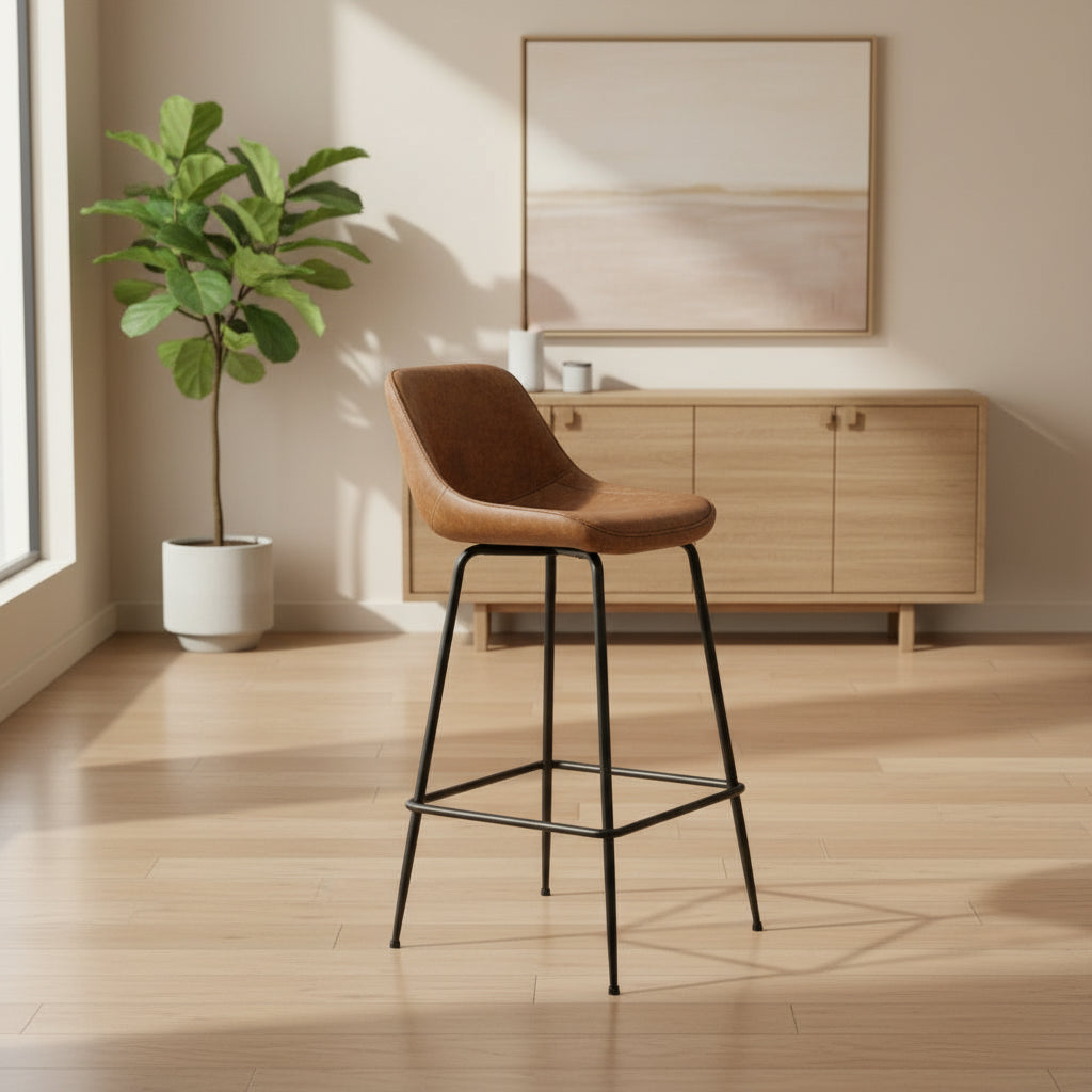 Black steel bar stool with cognac leather seat - view 2 - EloraMode
