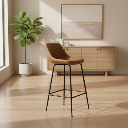 Black steel bar stool with cognac leather seat - view 2 - EloraMode