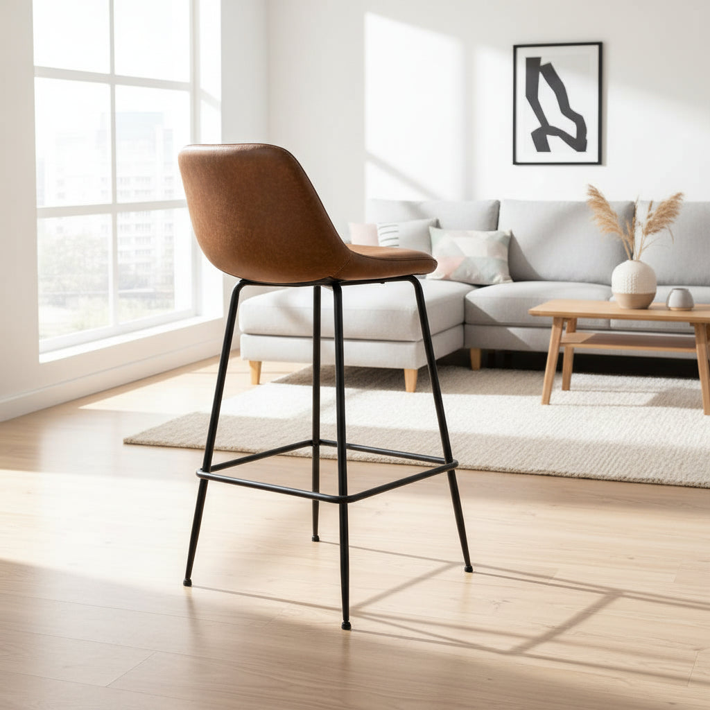 Black steel bar stool with cognac leather seat - EloraMode