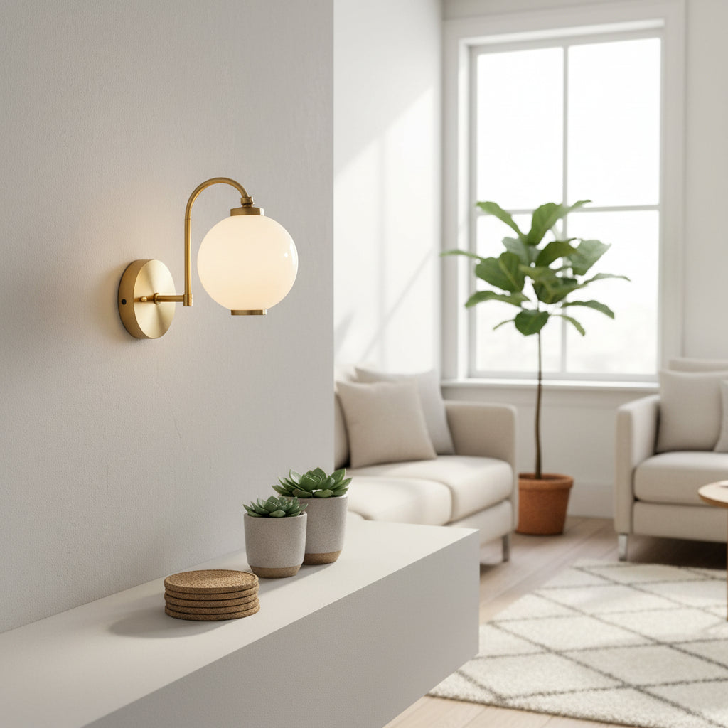 Brass wall sconce with opal glass globe - EloraMode