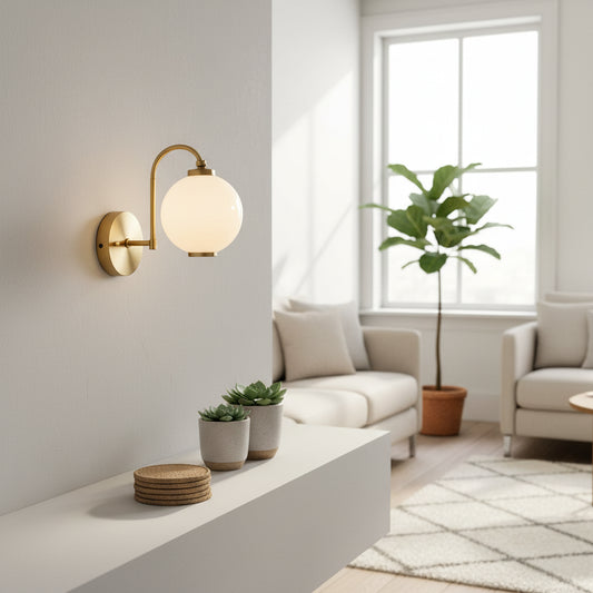 Brass wall sconce with opal glass globe - EloraMode
