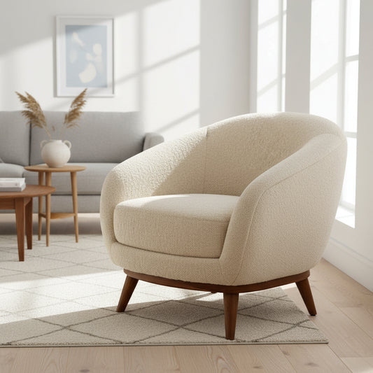 Cream boucle lounge chair with wood frame - EloraMode