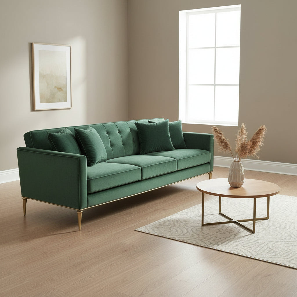 Emerald green velvet sofa with brass legs - view 2 - EloraMode