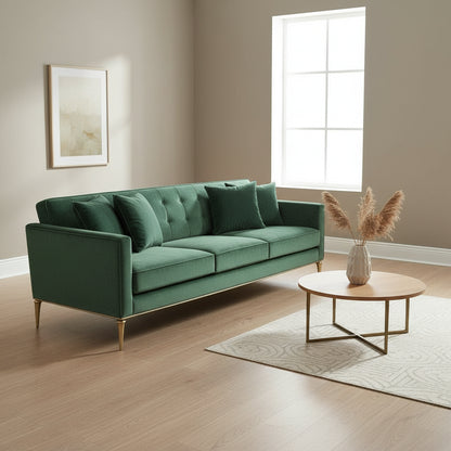 Emerald green velvet sofa with brass legs - view 2 - EloraMode