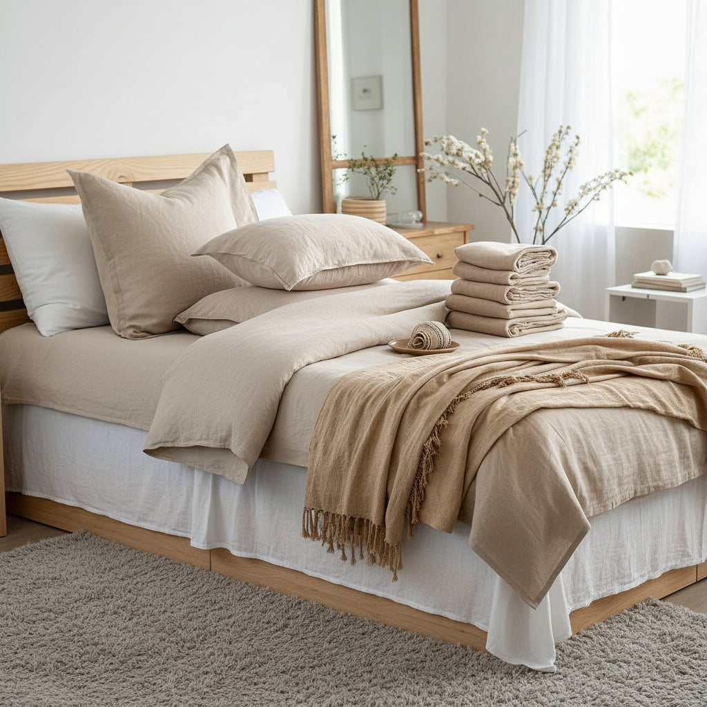 Washed linen bedding set in natural tones - EloraMode