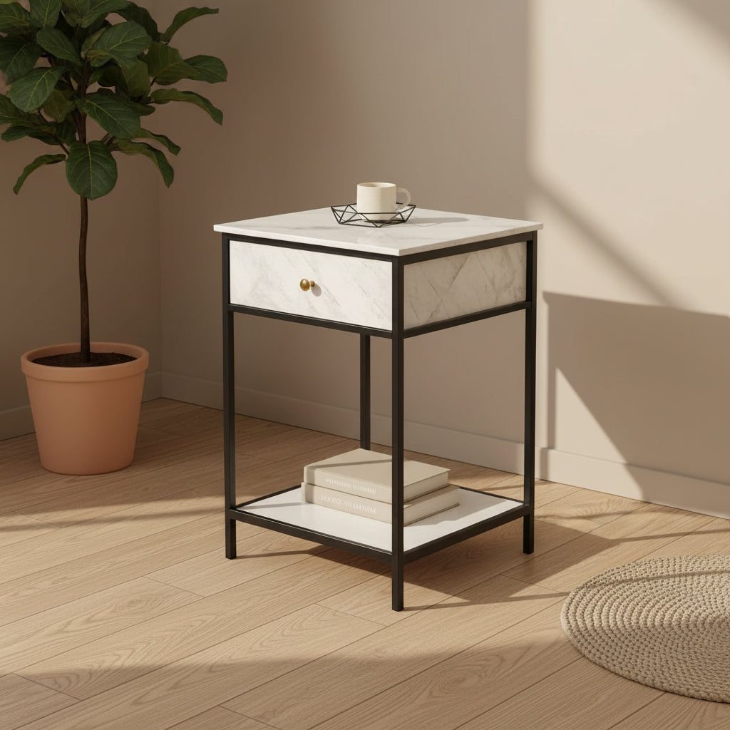 White marble nightstand with black metal frame - view 2 - EloraMode