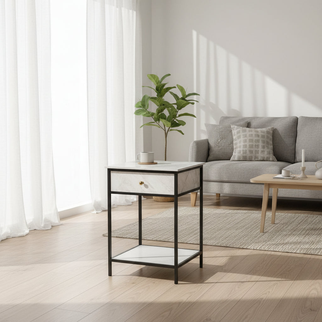 White marble nightstand with black metal frame - EloraMode