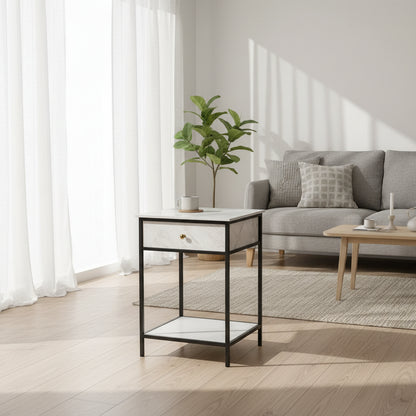 White marble nightstand with black metal frame - EloraMode