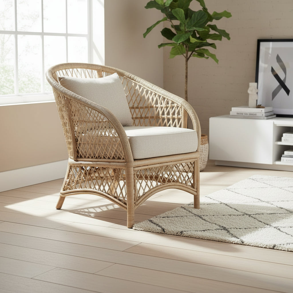 Handwoven rattan accent chair with seat cushion - view 2 - EloraMode