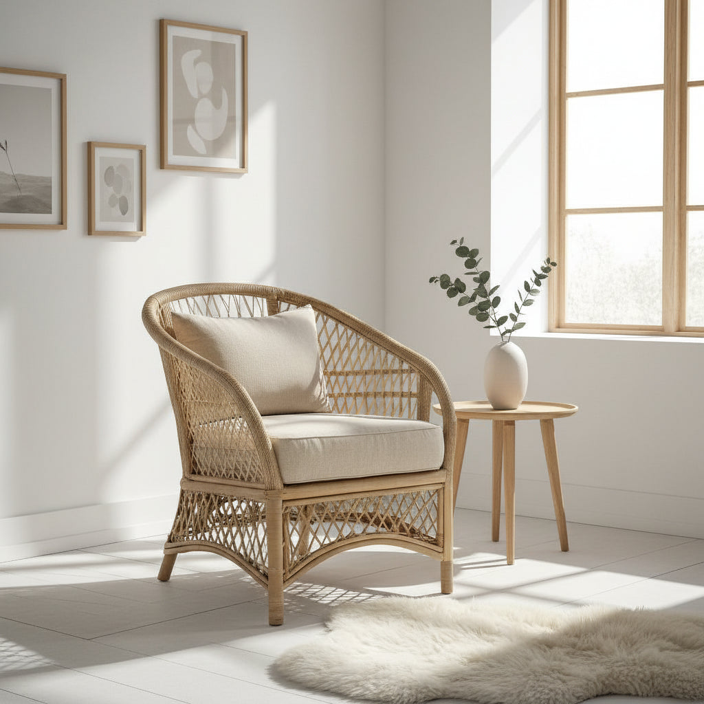 Handwoven rattan accent chair with seat cushion - EloraMode