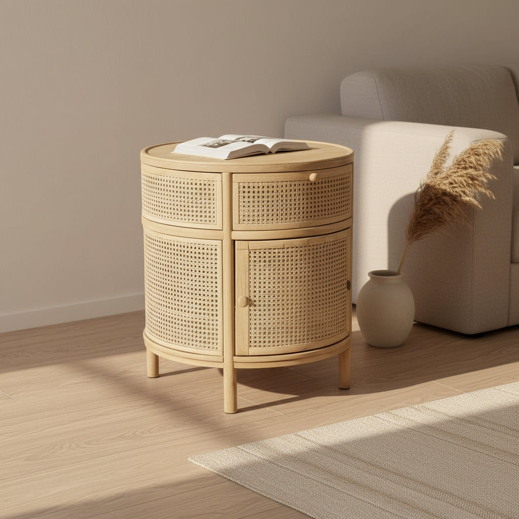 Round rattan nightstand with light wood top - view 2 - EloraMode