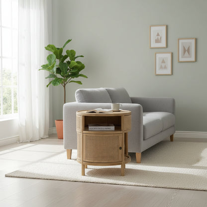 Round rattan nightstand with light wood top - EloraMode