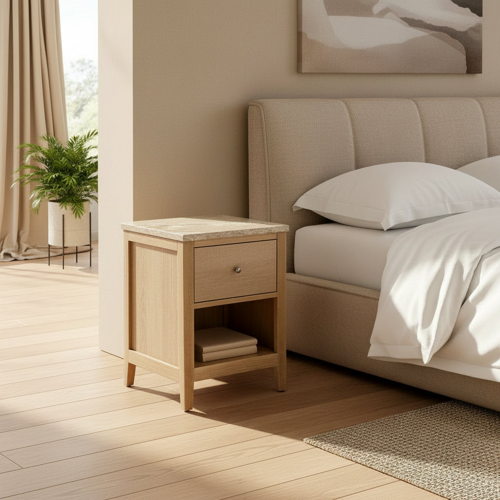 Solid wood nightstand with travertine top - view 2 - EloraMode