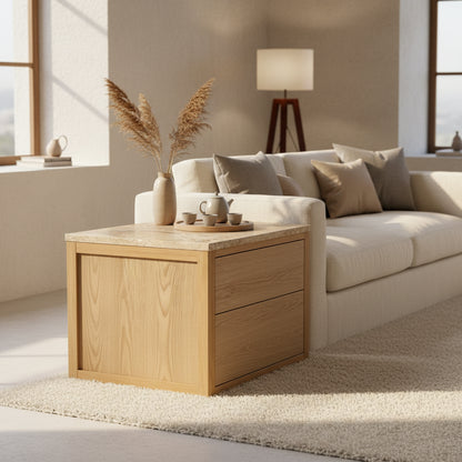 Solid wood nightstand with travertine top - view 3 - EloraMode