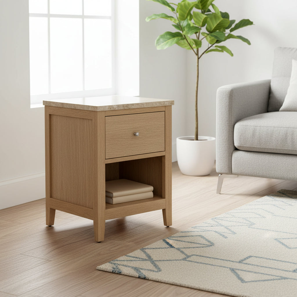 Solid wood nightstand with travertine top - EloraMode