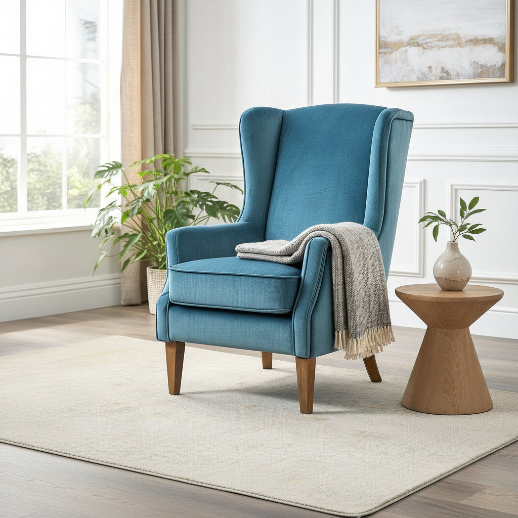 Teal velvet wingback chair with solid wood legs - EloraMode