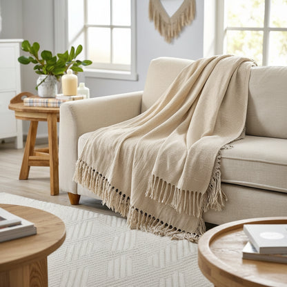 Washed cotton blanket with fringed ends - EloraMode
