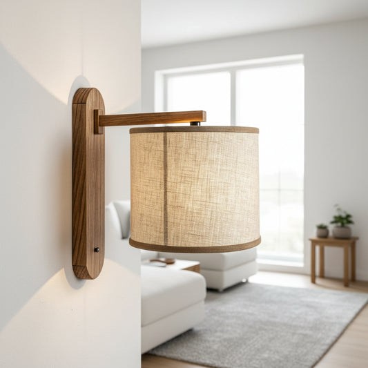 Japandi wall sconce with linen shade and oak details - EloraMode